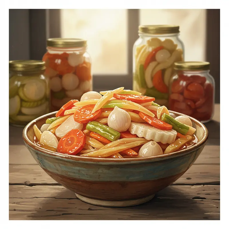 Khung cảnh làng quê miền Trung đón Tết với mái ngói cổ kính, người dân quây quần chuẩn bị món ăn truyền thống.