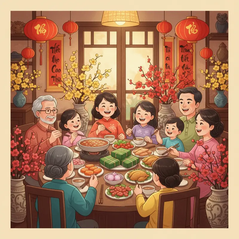 Mâm cơm Tết truyền thống gắn kết gia đình.