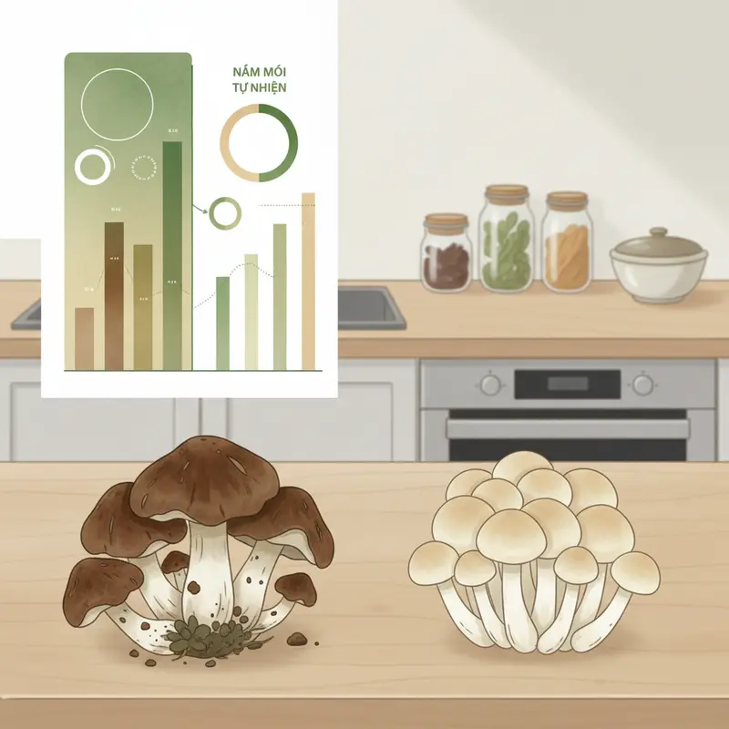 Nấm mối tự nhiên và nấm mối trồng so sánh trực tiếp bên ngoài.
