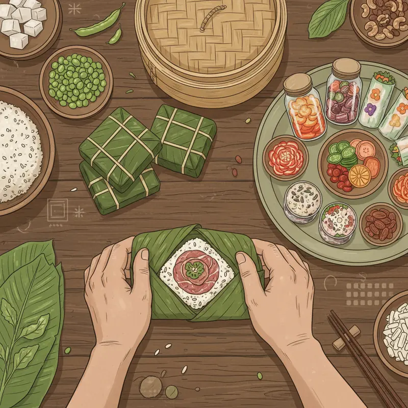 Mâm cơm Tết truyền thống và hiện đại cùng xuất hiện trong không gian gia đình trẻ.