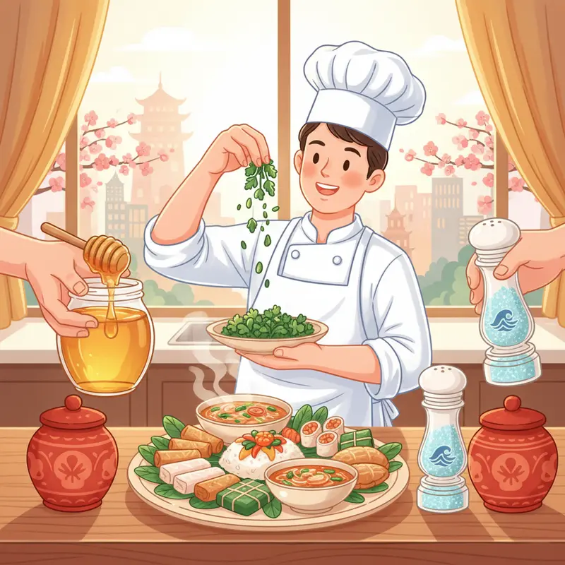 Mâm cơm Tết truyền thống và hiện đại cùng xuất hiện trong không gian gia đình trẻ.