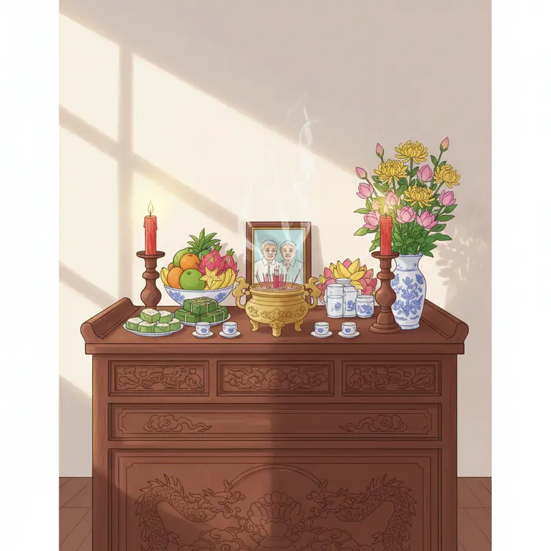 Bàn thờ gia tiên ngày Tết với hoa quả và trang trí đậm nét truyền thống.