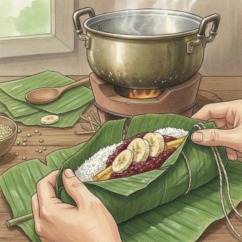 Bánh tét chuối đậu đỏ cắt khoanh, nổi bật màu sắc tự nhiên của chuối và đậu đỏ bên trong lớp nếp dẻo.