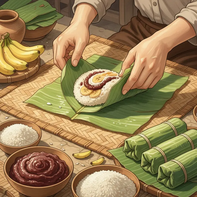 Bánh tét chuối đậu đỏ cắt khoanh, nổi bật màu sắc tự nhiên của chuối và đậu đỏ bên trong lớp nếp dẻo.