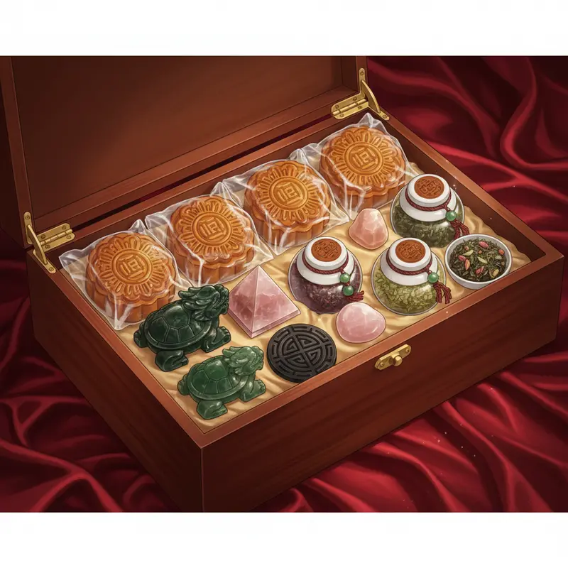 Bàn trà bày vật phẩm phong thủy cùng quà Tết truyền thống.