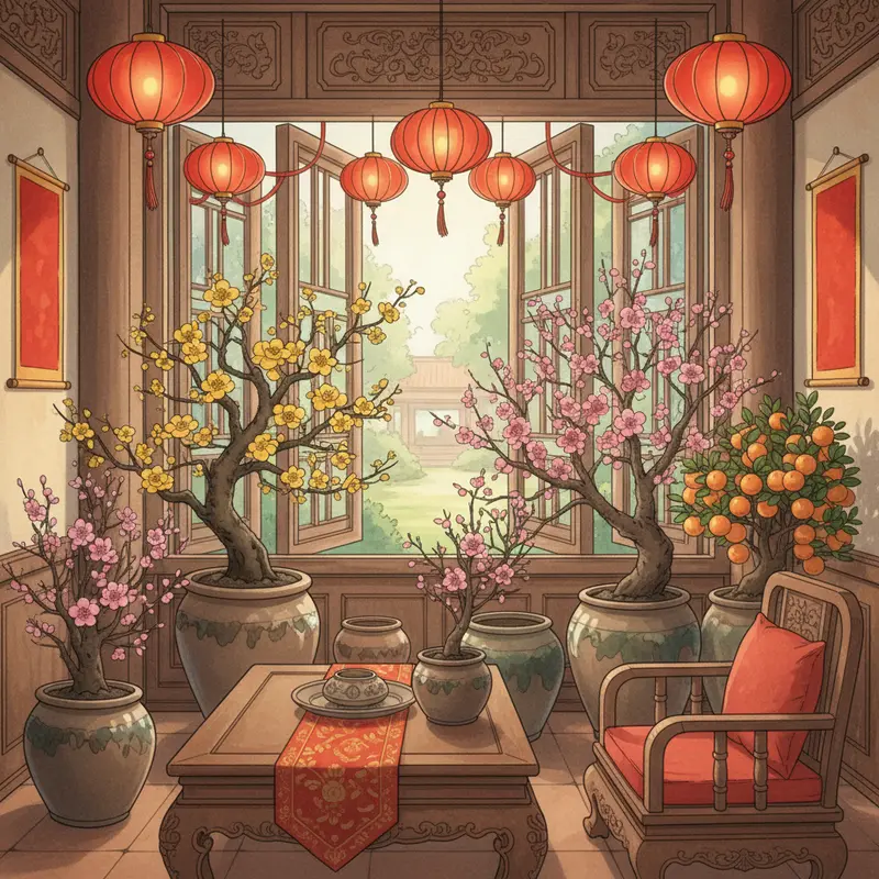 Phòng khách truyền thống Việt Nam đầy sắc xuân, bố trí hài hòa chuẩn phong thủy.