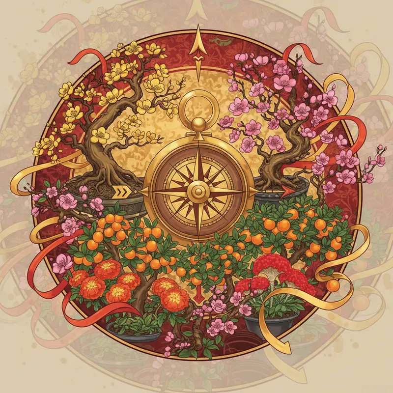 Không gian phòng khách hài hòa cây cảnh, hoa Tết hợp phong thủy.