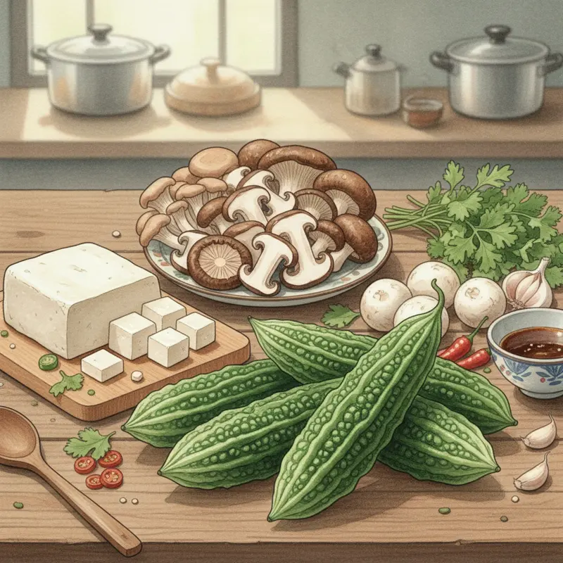 Khổ qua tươi, nấm và đậu hũ chuẩn bị cho món canh chay.