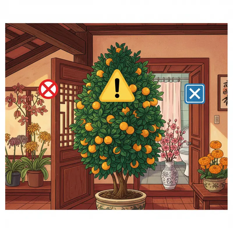 Không gian phòng khách hài hòa cây cảnh, hoa Tết hợp phong thủy.