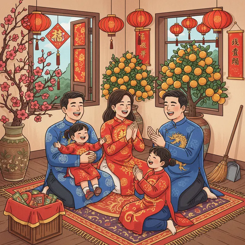 Không gian phòng khách trang trí phong thủy chào đón Tết Nguyên Đán.