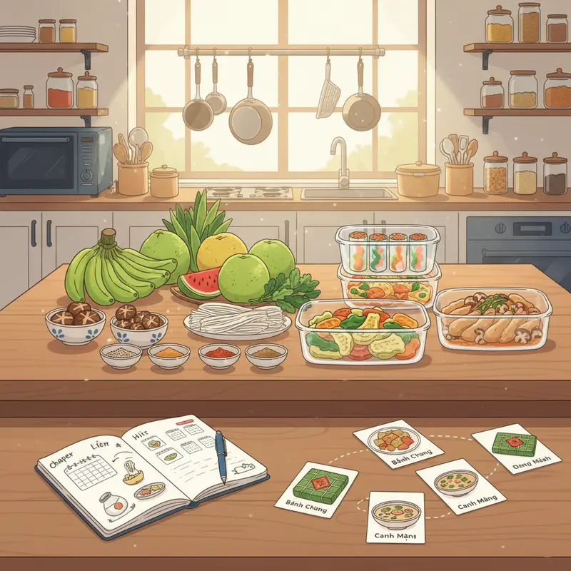 Mâm cơm Tết truyền thống và hiện đại cùng xuất hiện trong không gian gia đình trẻ.