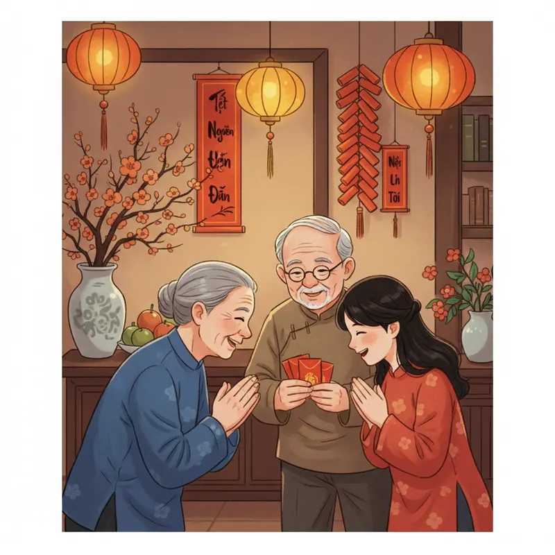 Không gian phòng khách trang trí phong thủy chào đón Tết Nguyên Đán.