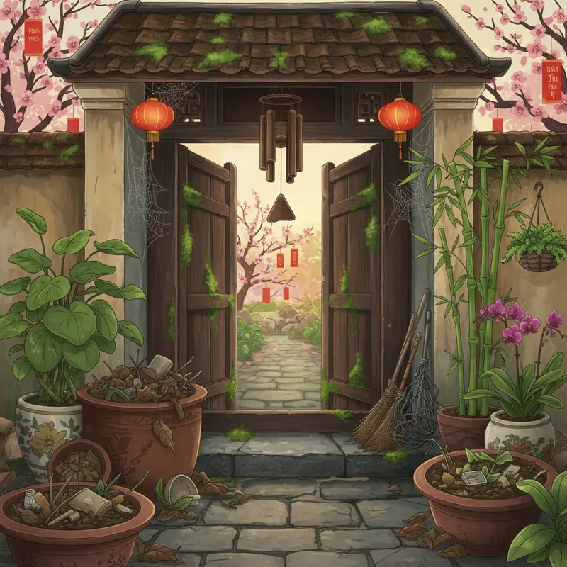 Cổng và cửa nhà được trang trí rực rỡ, biểu tượng cho phong thủy ngày Tết.