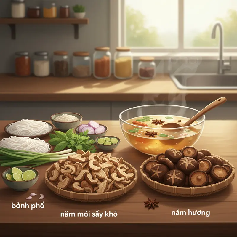 Nấm mối sấy khô tươi rói chuẩn bị cho món phở chay.