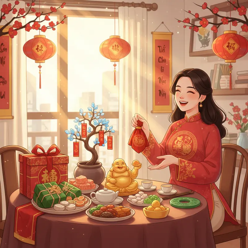 Bàn trà bày vật phẩm phong thủy cùng quà Tết truyền thống.