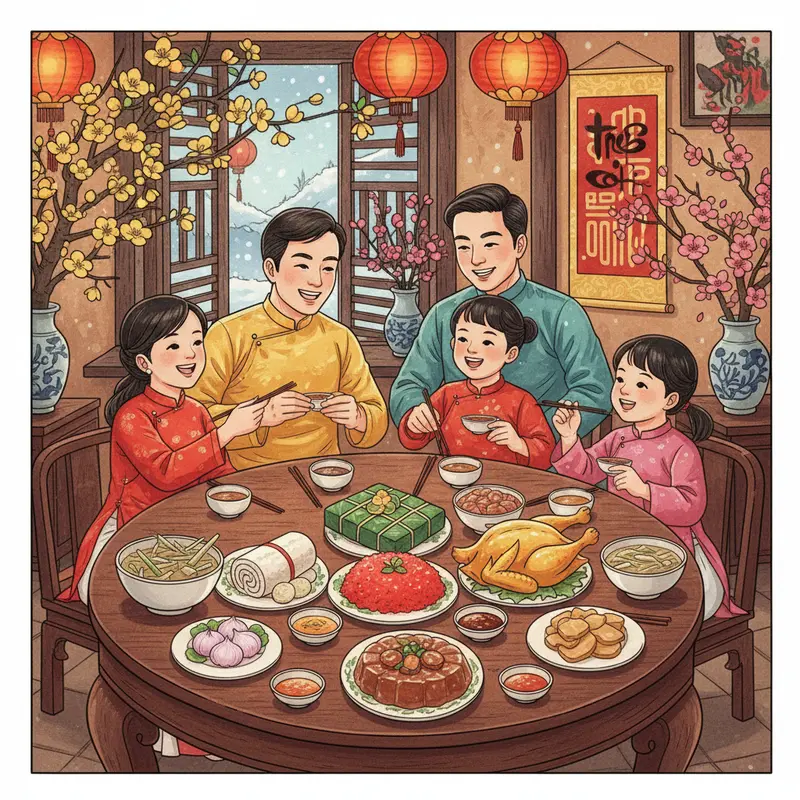 Mâm cỗ Tết miền Bắc truyền thống với các món ăn đặc trưng ngày xuân.