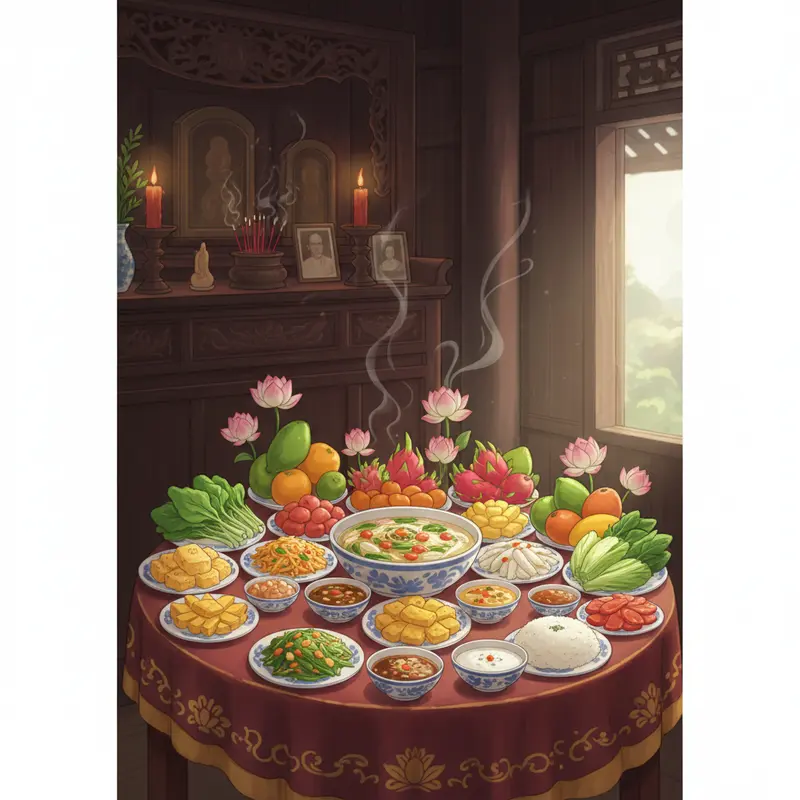 Mâm cúng chay thể hiện sự thanh tịnh và trang nghiêm.