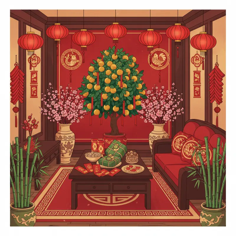 Phòng khách truyền thống Việt Nam đầy sắc xuân, bố trí hài hòa chuẩn phong thủy.