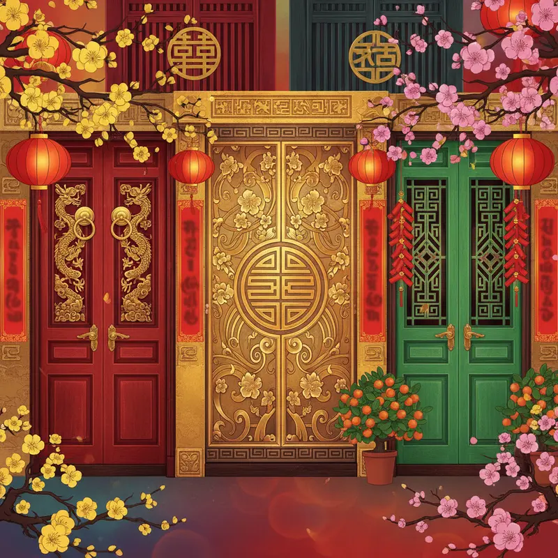 Cổng và cửa nhà được trang trí rực rỡ, biểu tượng cho phong thủy ngày Tết.