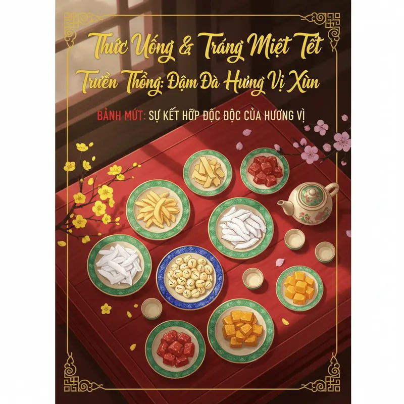 Không gian sum họp ngày Tết với thức uống, tráng miệng truyền thống.