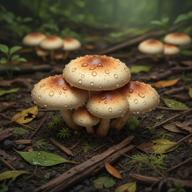 Cận cảnh nấm mối tự nhiên mọc thành cụm dưới đất gần gốc cây.