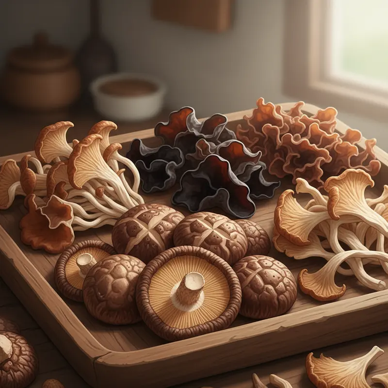 Các loại nấm sấy khô phổ biến với màu sắc tự nhiên.