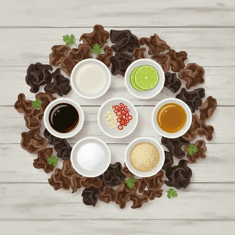 Bát nước trộn gỏi chay trong veo, màu sắc hài hòa cùng nấm tai mèo và rau củ.