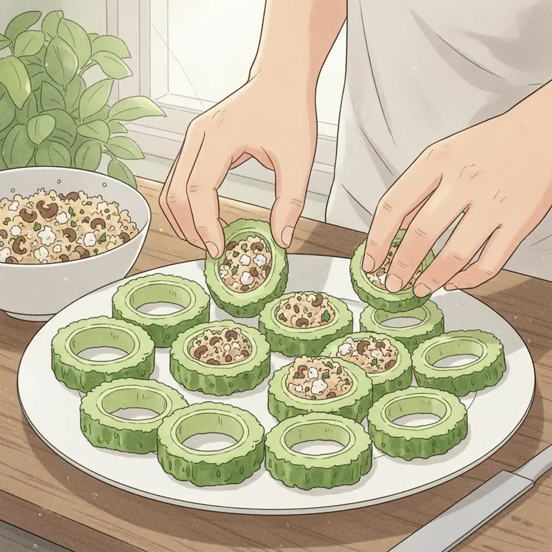 Khổ qua tươi, nấm và đậu hũ chuẩn bị cho món canh chay.