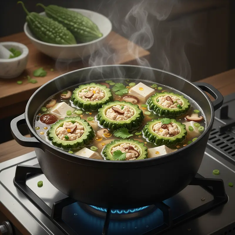 Khổ qua tươi, nấm và đậu hũ chuẩn bị cho món canh chay.