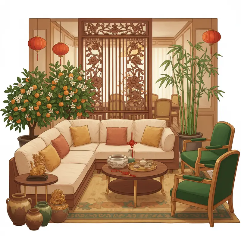 Không gian phòng khách ngày Tết rực rỡ với sắc đỏ, vàng và xanh lục hài hòa.