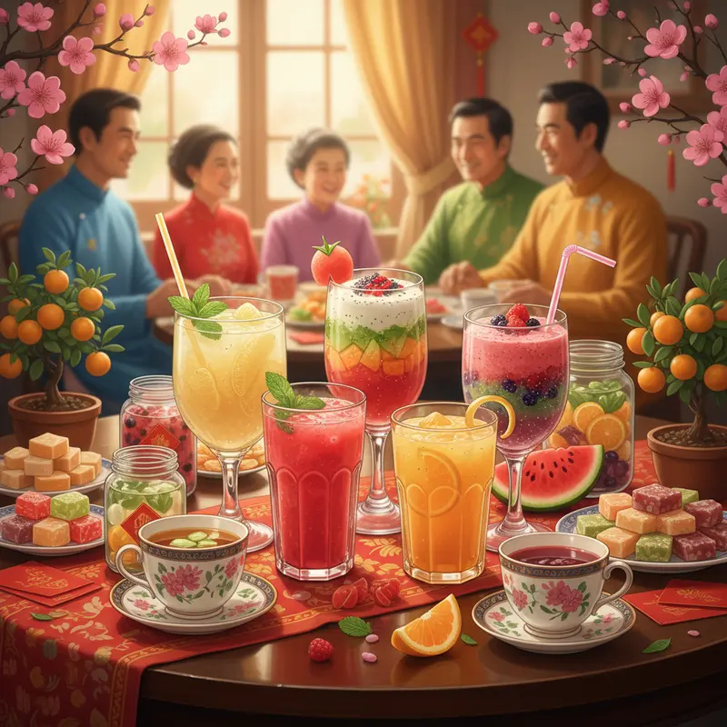 Không gian sum họp ngày Tết với thức uống, tráng miệng truyền thống.