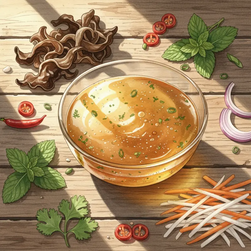 Bát nước trộn gỏi chay trong veo, màu sắc hài hòa cùng nấm tai mèo và rau củ.