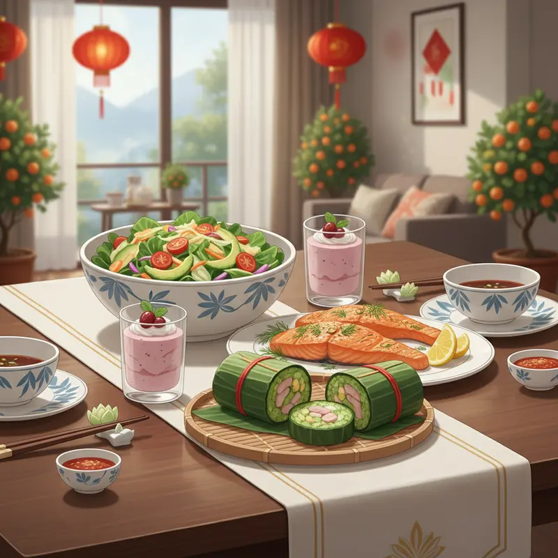 Mâm cơm Tết truyền thống và hiện đại cùng xuất hiện trong không gian gia đình trẻ.