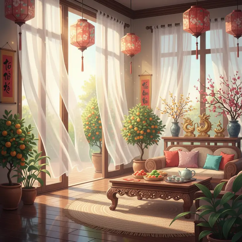 Không gian phòng khách ngày Tết rực rỡ với sắc đỏ, vàng và xanh lục hài hòa.