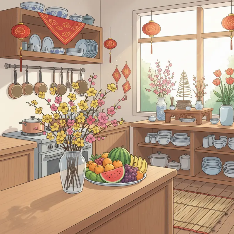 Phòng khách truyền thống Việt Nam đầy sắc xuân, bố trí hài hòa chuẩn phong thủy.