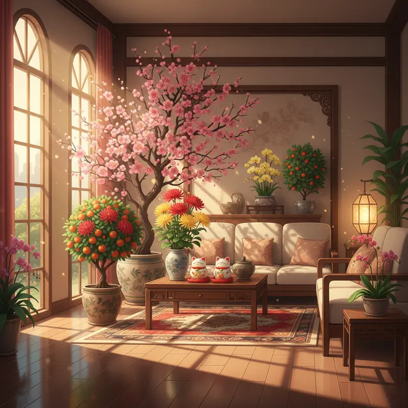 Không gian phòng khách hài hòa cây cảnh, hoa Tết hợp phong thủy.