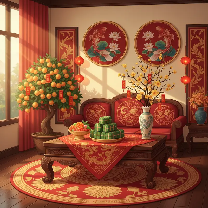 Không gian phòng khách ngày Tết rực rỡ với sắc đỏ, vàng và xanh lục hài hòa.