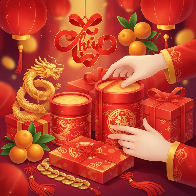 Bày trí Tết truyền thống với hộp quà màu đỏ và vàng nổi bật.