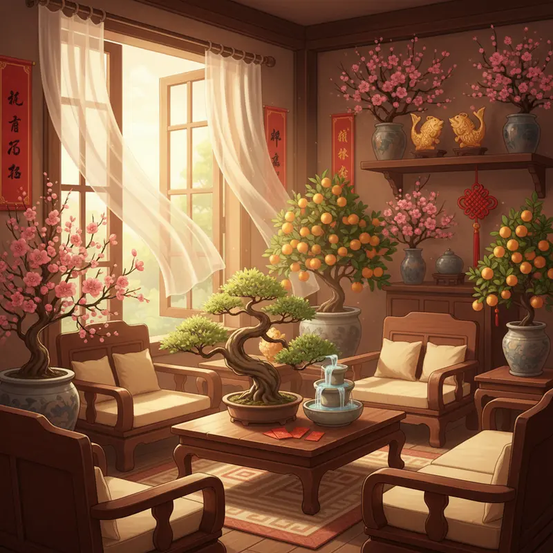 Phòng khách truyền thống Việt Nam đầy sắc xuân, bố trí hài hòa chuẩn phong thủy.