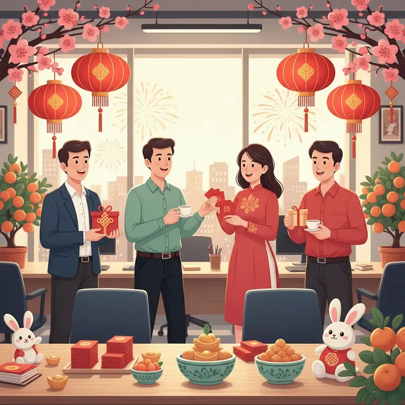 Không gian phòng khách trang trí phong thủy chào đón Tết Nguyên Đán.