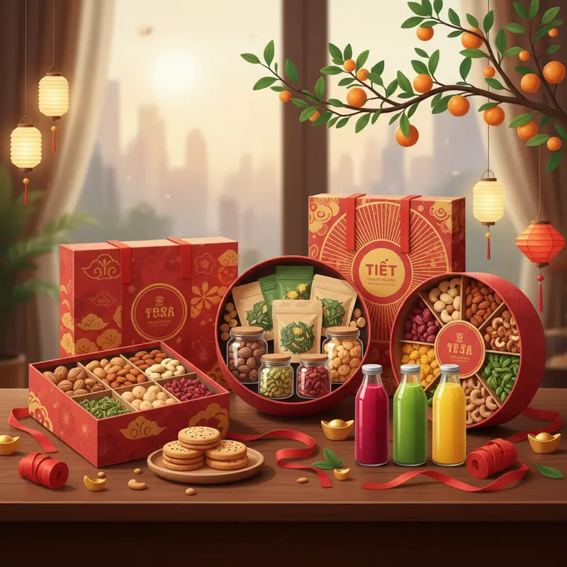 Mâm cơm Tết truyền thống và hiện đại cùng xuất hiện trong không gian gia đình trẻ.