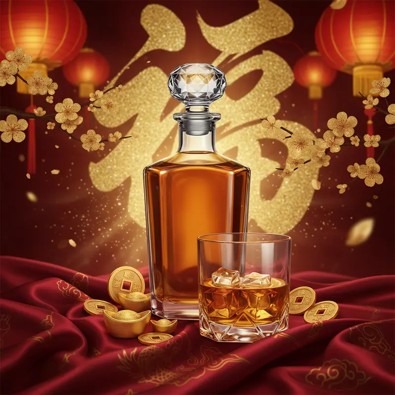 Bàn quà Tết sang trọng với rượu vang đỏ, rượu mạnh và hoa xuân.