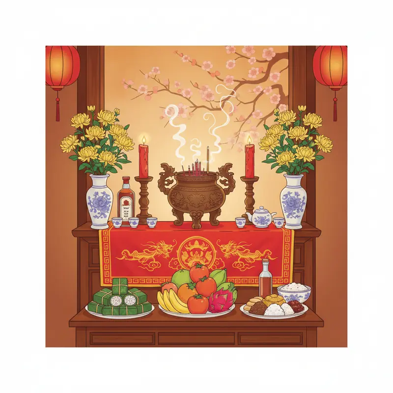 Bàn thờ gia tiên ngày Tết với hoa quả và trang trí đậm nét truyền thống.