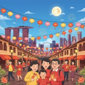 Hình ảnh toàn cảnh thành phố Singapore dịp Tết, đèn lồng, khách du lịch và không khí vui tươi.