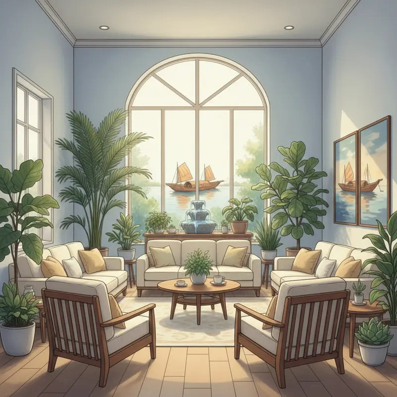 Phòng khách truyền thống Việt Nam đầy sắc xuân, bố trí hài hòa chuẩn phong thủy.