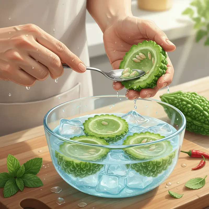 Khổ qua tươi, nấm và đậu hũ chuẩn bị cho món canh chay.