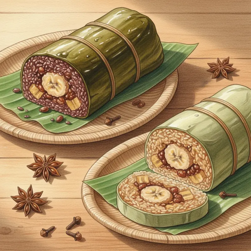 Bánh tét chuối đậu đỏ cắt khoanh, nổi bật màu sắc tự nhiên của chuối và đậu đỏ bên trong lớp nếp dẻo.