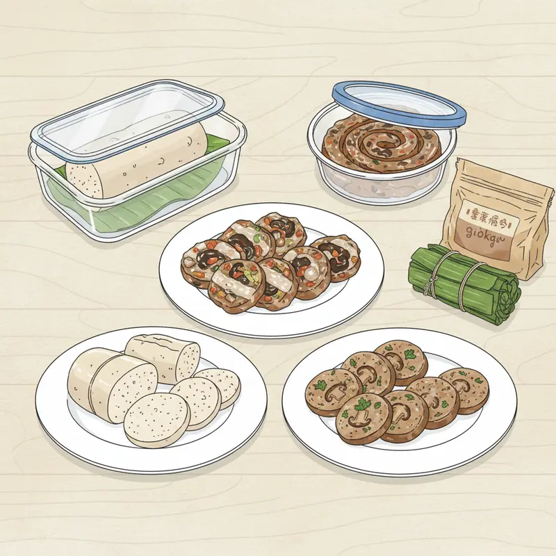 Các loại giò chay đa dạng, bày trên lá chuối với màu sắc hấp dẫn.