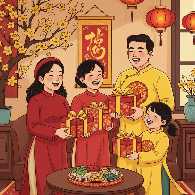 Bày trí Tết truyền thống với hộp quà màu đỏ và vàng nổi bật.