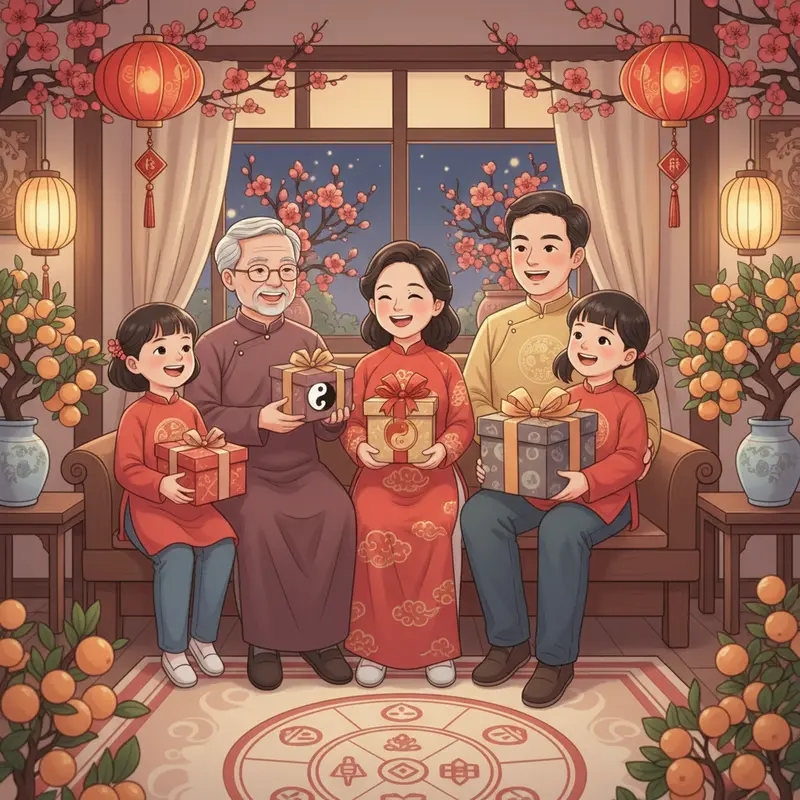 Gia đình Việt sum vầy trao tặng quà Tết tràn ngập niềm vui.